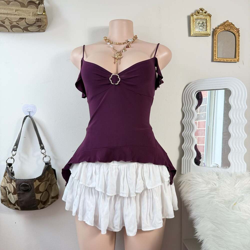 Y2K Fairy Grunge Plum Off Shoulder Cami Top Rhinestone Detail